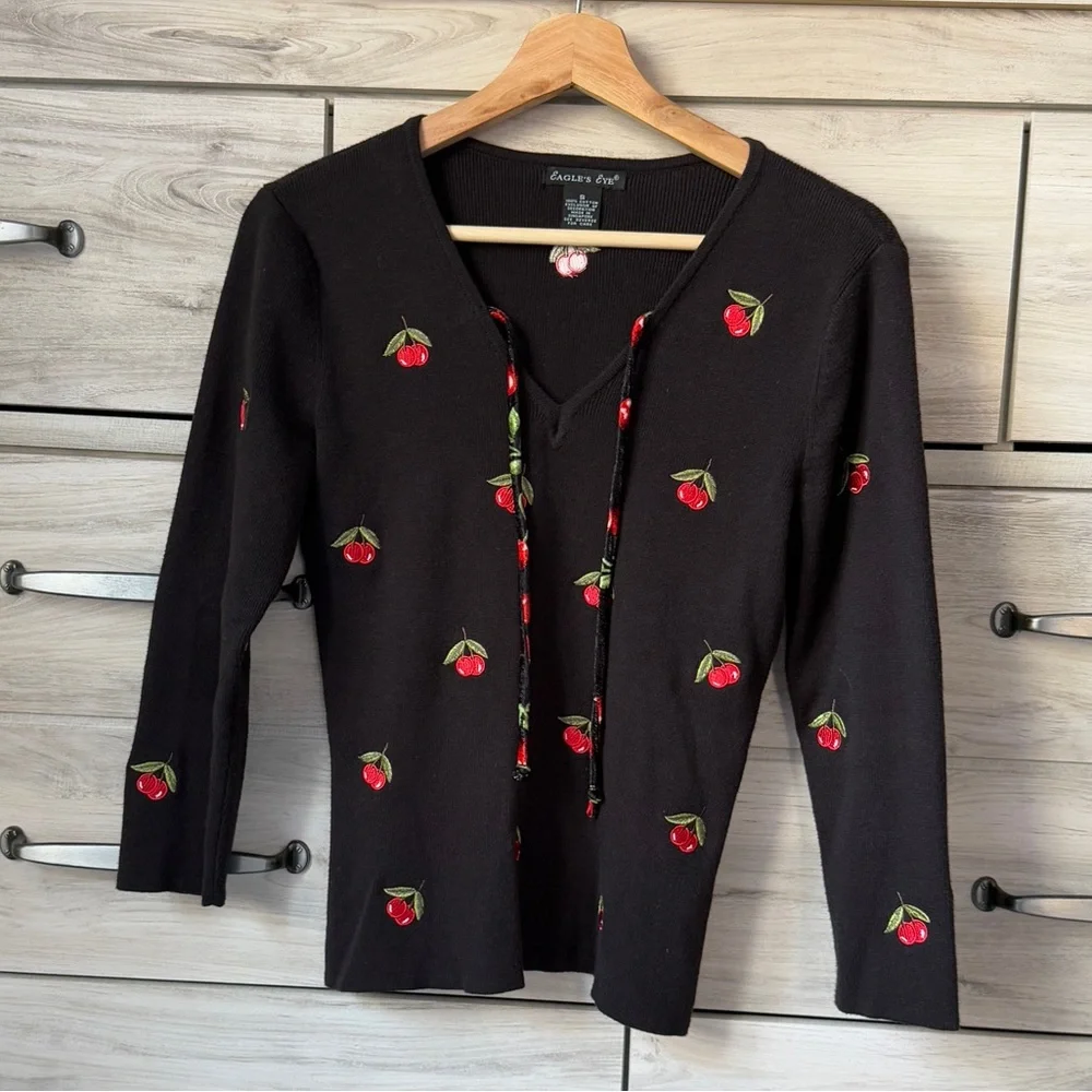 Black long sleeve Y2K vibes top with red cherries and a tie front detail size S